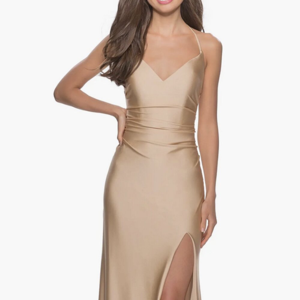 La Femme Cross Back Satin Jersey Trumpet Maxi Gown in Gold Size 12